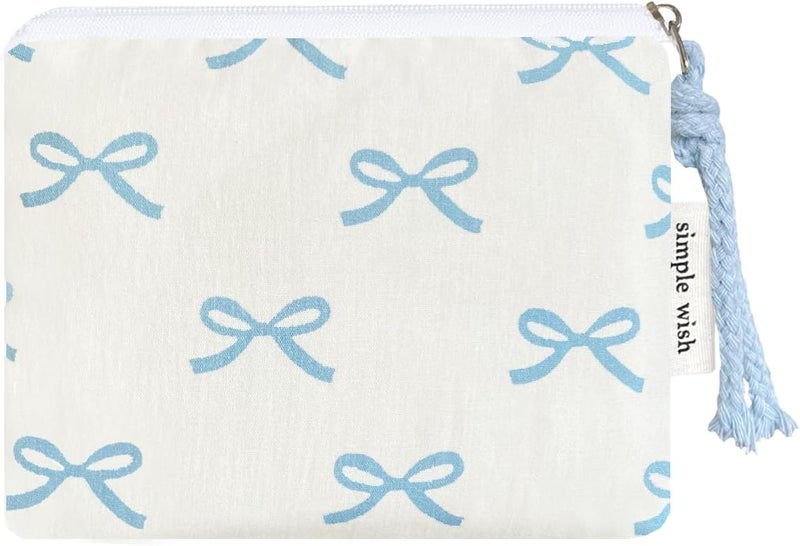 Modacarry Store Cotton Floral Small Organizer Bag Coin Pouch with Cute Prints Zipper for Women Girls (BLUE BOW) - Image 1